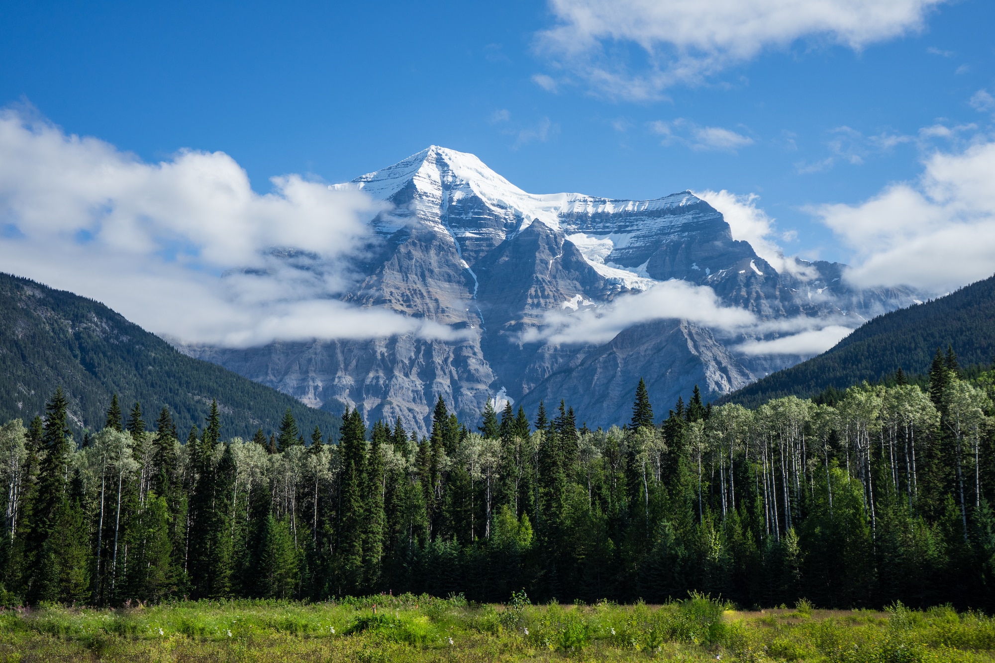 View of Mount Robson on a clear bluebird day